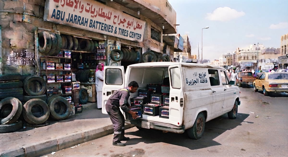 محل أبو جراح للبطاريات، وفان توزيع قافلة الجزيرة يُحمّل ببطاريات ACDelco في جدة عام 1998